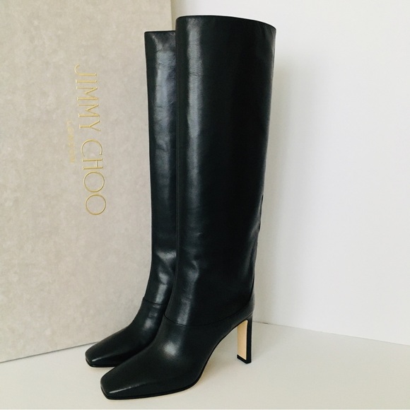 Jimmy Choo MAHESA 85 Square Heel Knee Hight Black Calf Leather Women’s B… - Picture 2 of 15